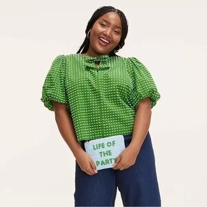 Kate Spade Green Clip Dot Puff Sleeve Blouse NEW